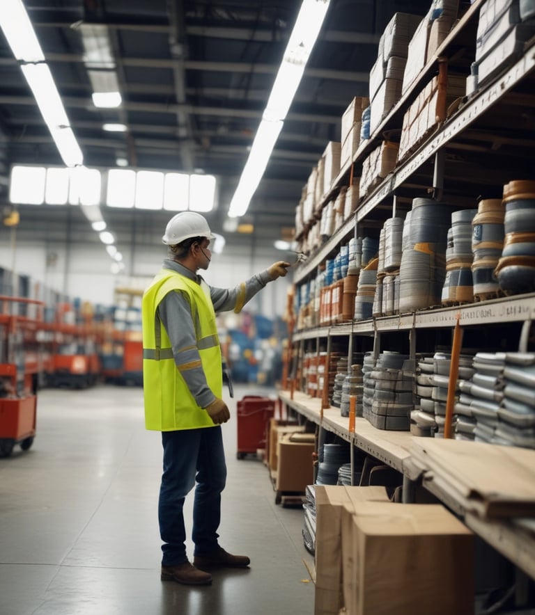 A warehouse shelf stocked with various high-quality Korean industrial supplies, showcasing organized inventory.