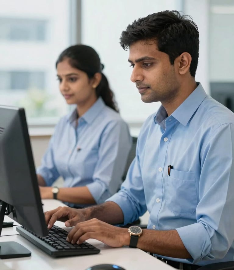 A professional computer operator and a hospitality manager in uniform working in a bright, modern South Asian / Indian office setting, clean aesthetic, slate blue and pale blue color palette.