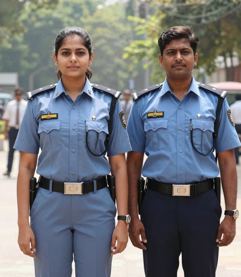A professional gunman and a lady security guard in crisp, slate blue uniforms standing side by side in a professional South Asian / Indian business park setting. Daylight, clear and bright composition.