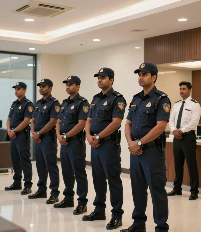 A group of professional security personnel including gunmen and bouncers standing in a row in a sleek South Asian / Indian corporate lobby.