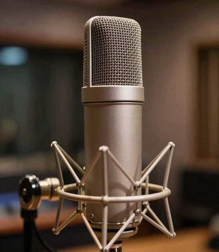 A close-up photograph of a professional condenser microphone inside a modern recording studio in Mainland China. The lighting is low-key with subtle amber glows from equipment lamps. The focus is on the metallic mesh and the precision-engineered casing, highlighting the high-quality textures of deep charcoal and off-white finishes.