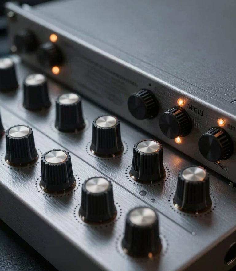 A detailed shot of a rack-mounted preamplifier, showing its physical knobs and the honest, non-rendered texture of its brushed charcoal metal faceplate. Small indicator lights cast a soft amber glow in a professional technical setting in Mainland China.
