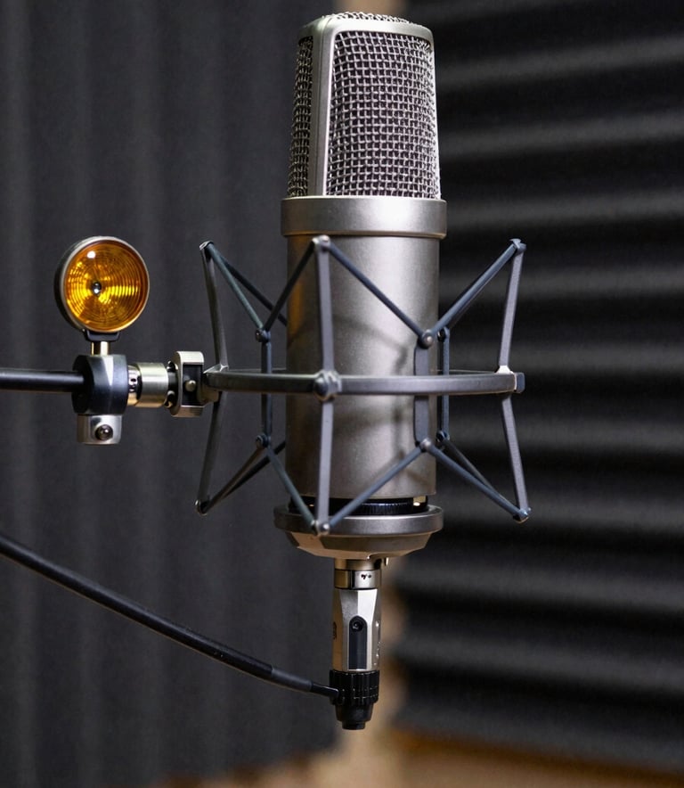 A high-end broadcast microphone mounted on a professional dark gray shock mount, detailed texture of the metal mesh and amber tally light, set against a dark acoustic studio background in Chinese / Mainland China, sharp focus, technical professional photography.