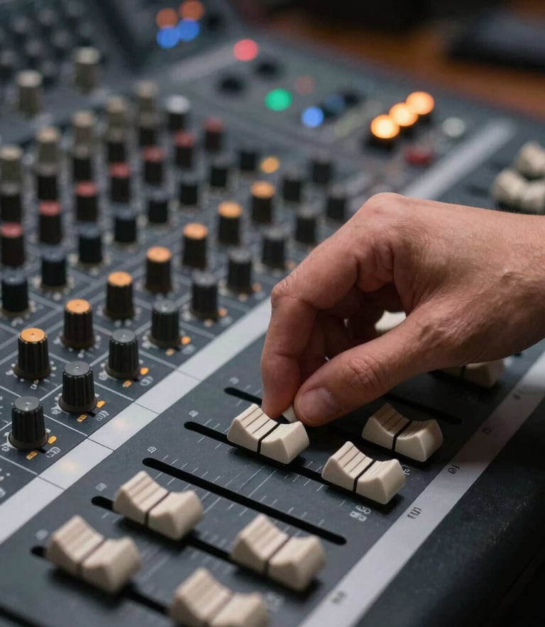 Close-up of a precision audio engineer's hand adjusting a high-end fader on a dark gray mixing console, illuminated by soft amber task lighting, technical control room setting in Chinese / Mainland China, photography style is crisp and detailed with a shallow depth of field.
