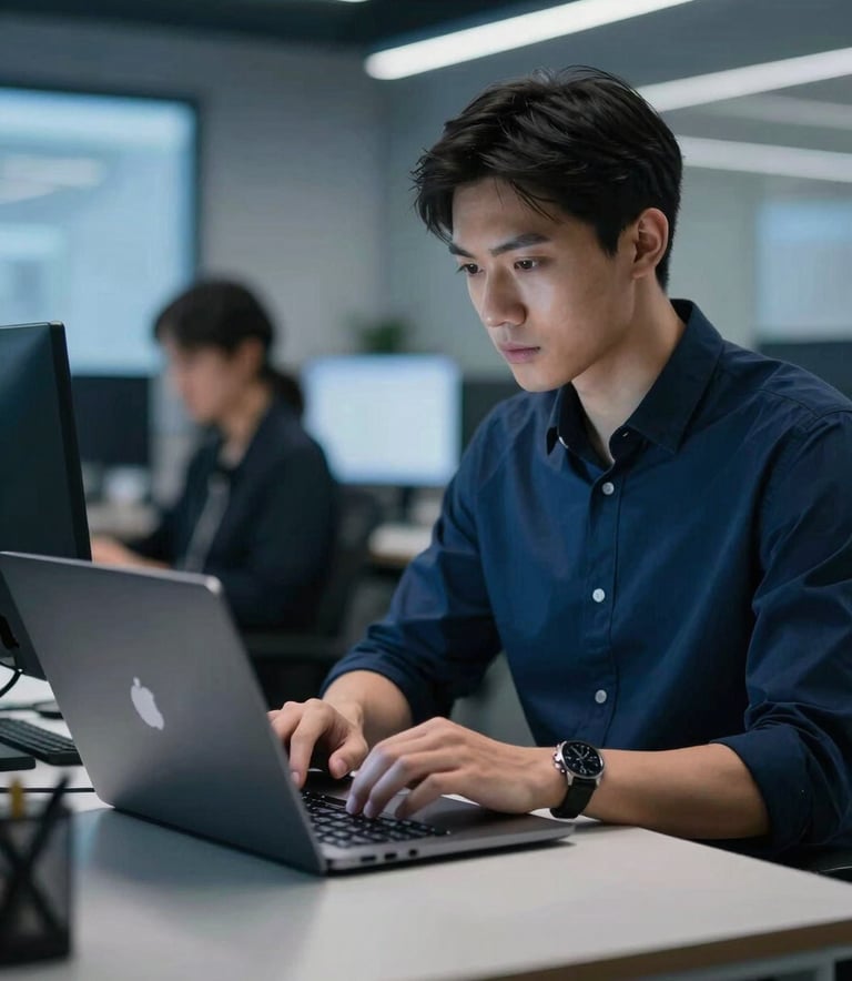 A professional content manager working in a modern US tech hub workspace, using a high-end laptop with deep steel blue ambient lighting.