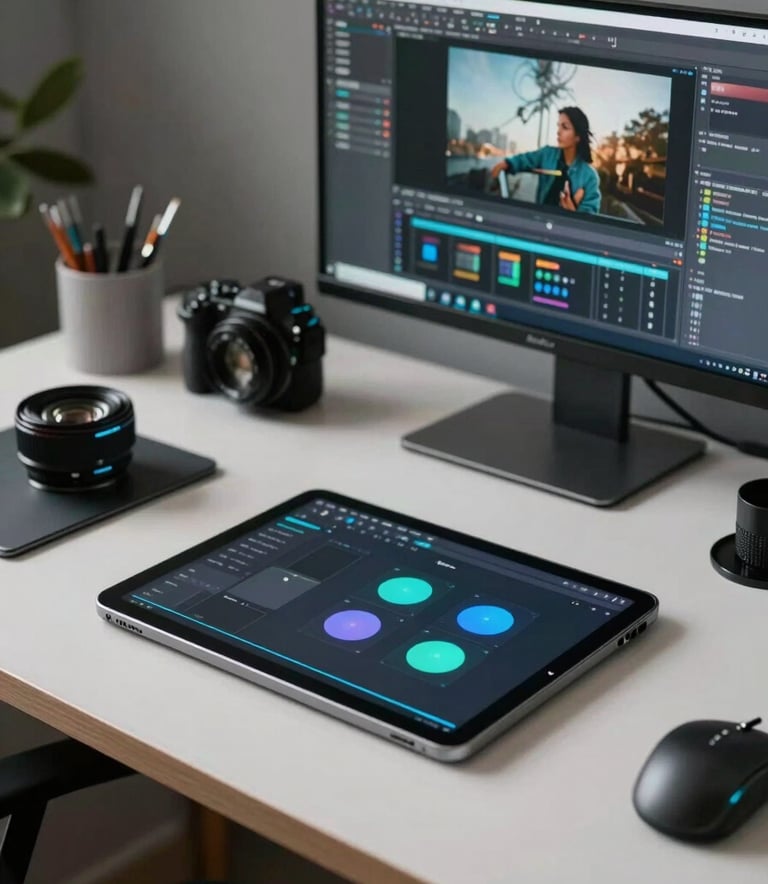 A professional graphic designer's desk in a sleek North American studio, featuring a digital tablet and high-end design tools with soft cyan lighting accents.