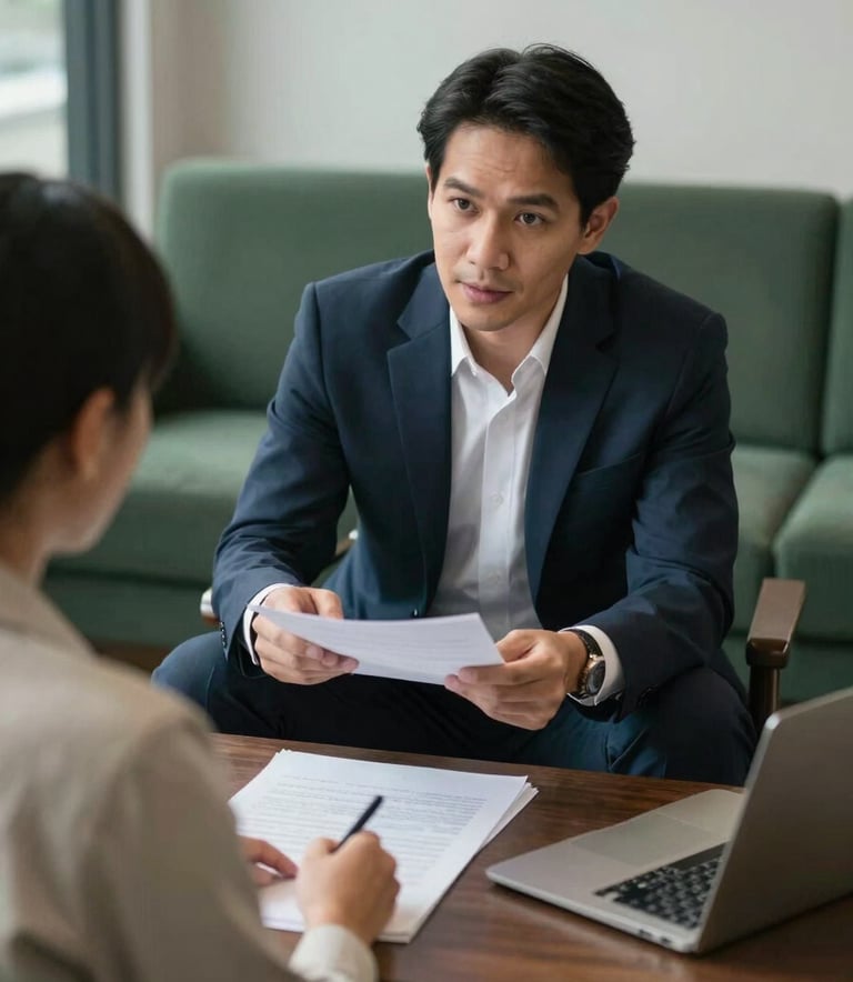 A professional advisor and a candidate discussing documents in a contemporary Southeast Asian / Thai office setting, featuring dark slate green furniture.