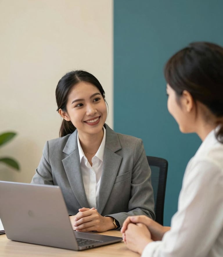 A supportive consultant in a professional Southeast Asian / Thai office setting, sitting at a desk with a laptop and smiling warmly while talking to an educator, a bright and trustworthy atmosphere with Warm Ivory walls and Deep Teal accents.