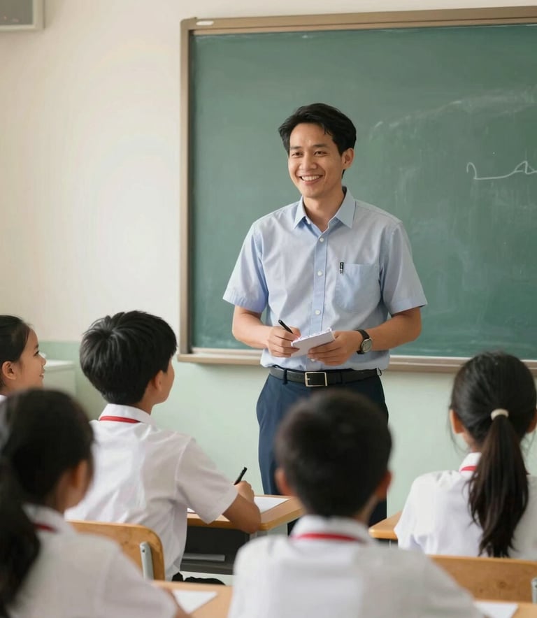 A professional international teacher in a bright, modern Southeast Asian / Thai classroom, engaging with smiling students during a lesson, soft natural lighting, incorporating Pale Sage Green and Warm Ivory tones in the environment.