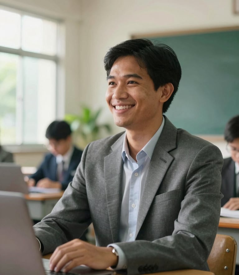 A professional educator smiling in a bright, modern Southeast Asian / Thai classroom, sunlight filtering through windows, soft seaweed green accents in the decor.