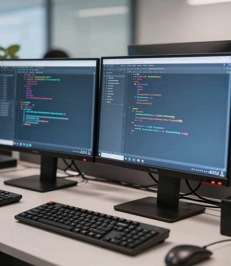 Close-up of a high-tech programming workstation in a Middle Eastern / Gulf corporate building. Multiple monitors show clean code. Palette features Muted Steel Blue and Soft Sky Blue lighting. Professional and sophisticated atmosphere.