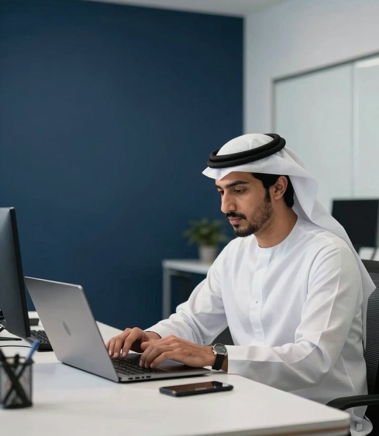 A professional programmer in a sleek modern Middle Eastern / Gulf office environment. He is working on a high-end laptop. The room is minimalist with accents of Dark Navy Blue and Pale Misty White. Soft, natural morning light.