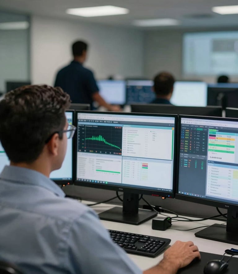 Professional security operations center with multiple monitors showing real-time analytics, a blurred silhouette of a specialist working in a modern environment in Latin America, technological and secure mood.
