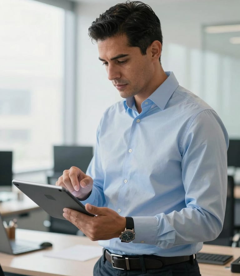 A professional Latin American security consultant in a clean, modern office, reviewing a security interface on a tablet, bright natural light, professional attire, reflecting a mood of trust and sophistication.