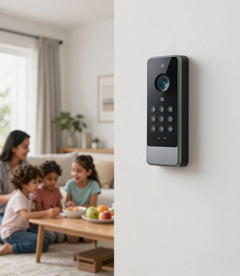A Latin American family enjoying time in a modern, brightly lit living room, with a discreet and sleek security keypad mounted on a wall in the background, professional photography, clean composition, warm atmosphere.