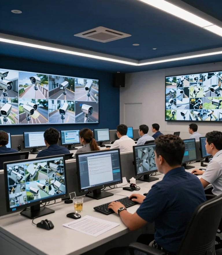 A high-tech surveillance control center in a modern Latin American city building, professional monitors showing crisp security camera feeds, sophisticated indoor lighting with deep navy blue and off white tones, professional atmosphere.