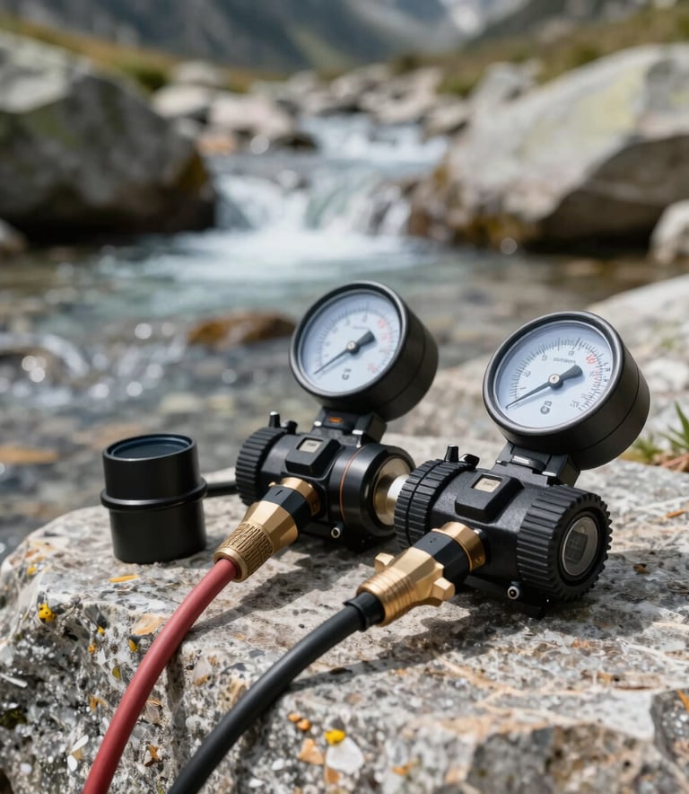A close-up of professional leak detection equipment, including acoustic sensors and meters, placed on a natural stone surface near a mountain stream in the French Alps. The lighting is crisp and natural, highlighting the contrast between the technical gear and the organic environment.