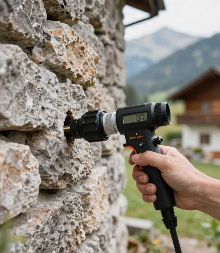 A close-up of professional leak detection equipment being used on a stone wall. The scene is shot in a natural, bright European mountain home setting. Soft natural light highlights the precision tools and the texture of the wall.