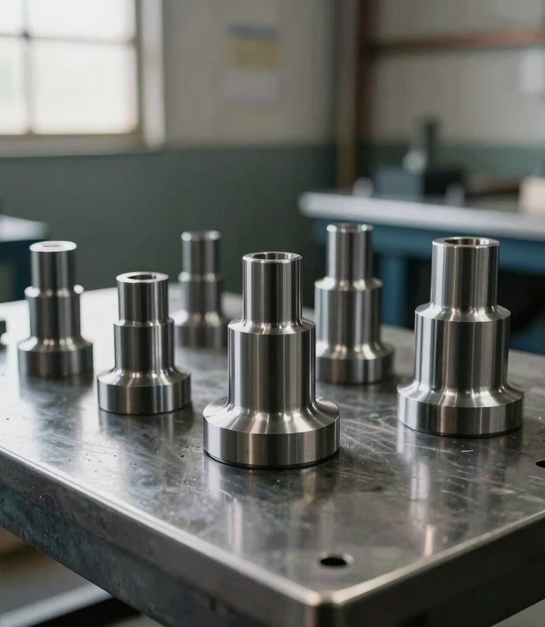 Close-up of precision turned metal parts on a heavy steel table in a South American / Brazilian industrial facility. Natural window light reflecting off polished surfaces with Steel Gray tones.