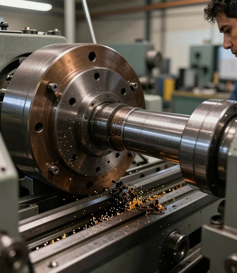 A skilled South American technician operating a large heavy-duty industrial lathe, turning a giant metal shaft, professional factory floor, cinematic lighting highlighting the texture of the metal shavings, bronze and steel gray palette.