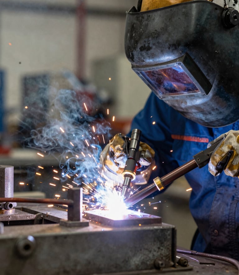A close-up photograph of a professional industrial welding process in a Brazilian workshop, intense golden and blue light from the arc, a worker in protective gear partially visible in a soft focus background, slate blue-gray and steel gray metallic tones.