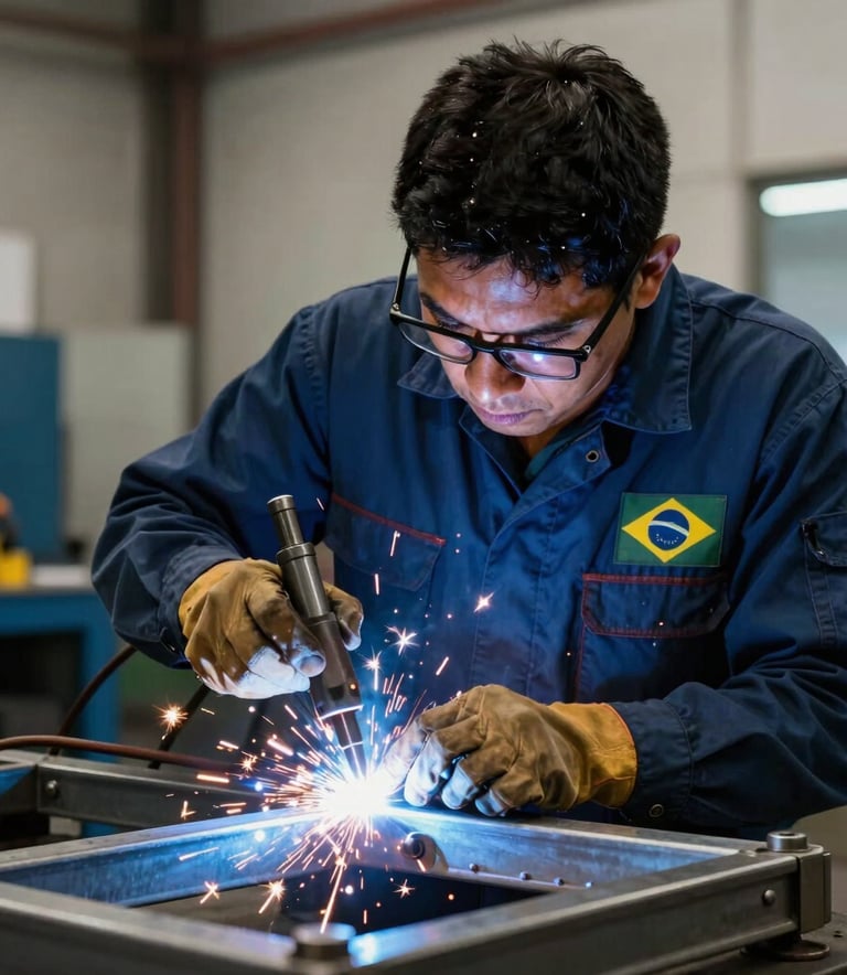 A focused technician in South American / Brazilian industrial uniform performing precision welding on a metal frame, sparks and blue light, modern workshop background with Dark Blue and Steel Gray accents.