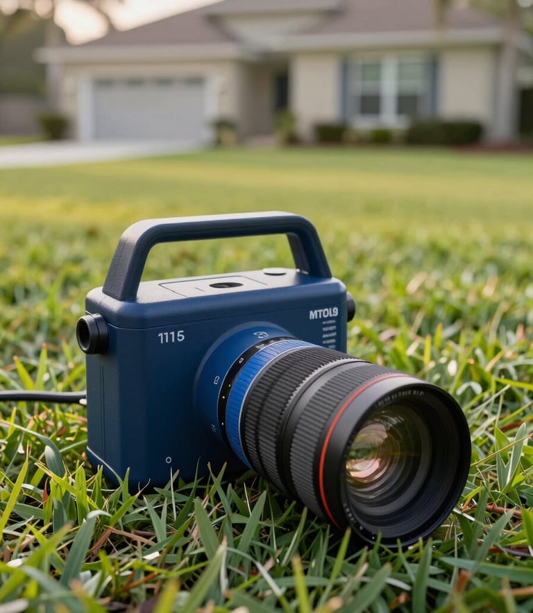 A close-up shot of professional plumbing leak detection equipment resting on a manicured green lawn at a residential property in North American / US - Florida, soft morning light, clean and professional style, featuring accents of dark navy blue and medium blue.