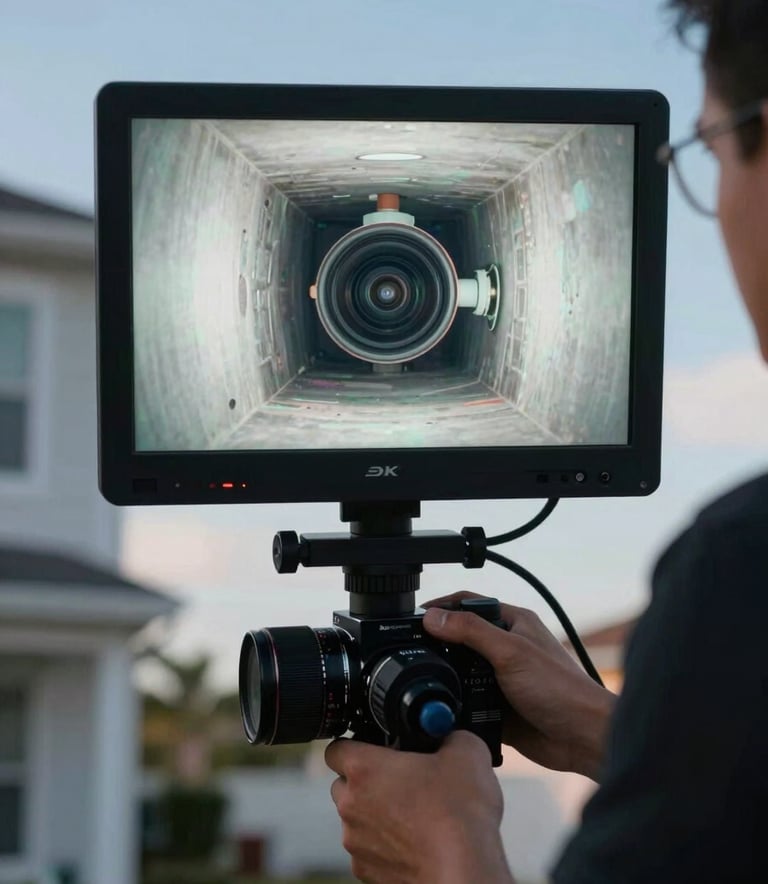 A high-tech sewer camera monitor displaying a clear interior pipe inspection, being operated by a technician in a North American / US - Florida home, technical and precise lighting, medium blue and soft sky blue color palette.