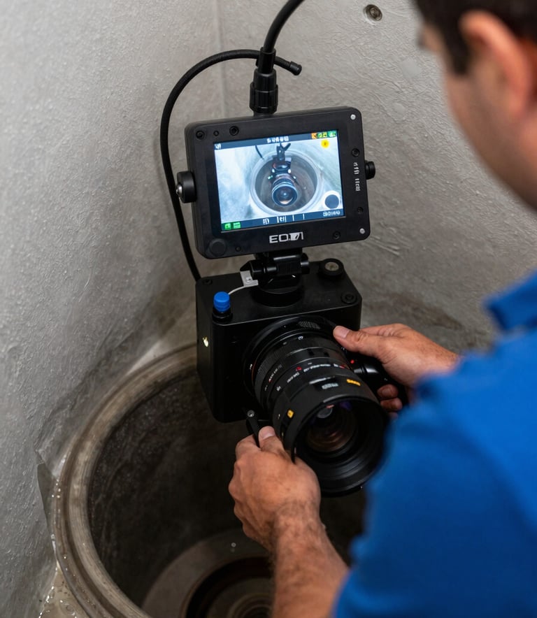 A high-quality action shot of a professional sewer camera inspection in a North American / US - Florida residential setting. The screen shows a clear pipe interior, held by a technician in a Steel Blue shirt. The mood is efficient and high-tech.