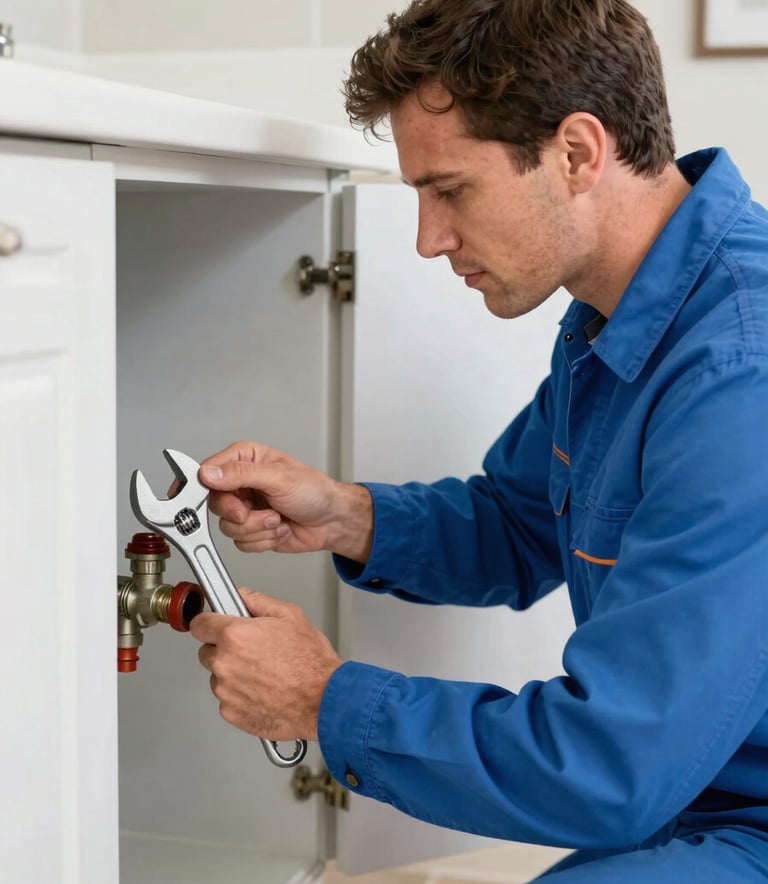 A professional plumber in a North American / US - Florida home, wearing a Sky Blue uniform, using a professional wrench to inspect a main water line in a clean utility area. The lighting is bright and reassuring, showing professional tools and expertise.