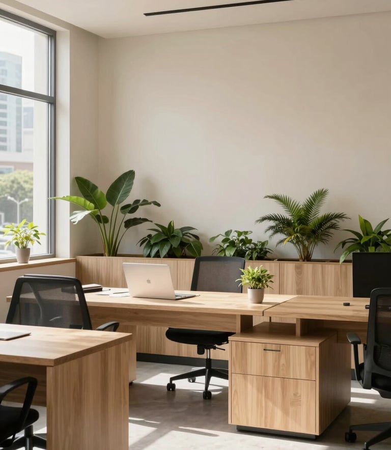 A minimalist Scandinavian-style office in North American / Mexican city, featuring light wood furniture, forest green plants, and parchment-colored walls, clean lines, professional atmosphere, daylight.