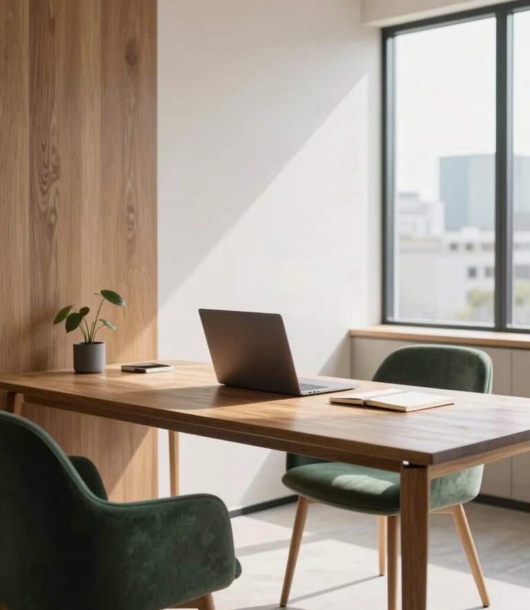 A bright, modern Scandinavian-style office in a North American / Mexican city. A wooden desk with minimal decor, a laptop, and a notebook. Soft natural light illuminates the room, featuring clean lines and furniture in tobacco brown and forest green accents.