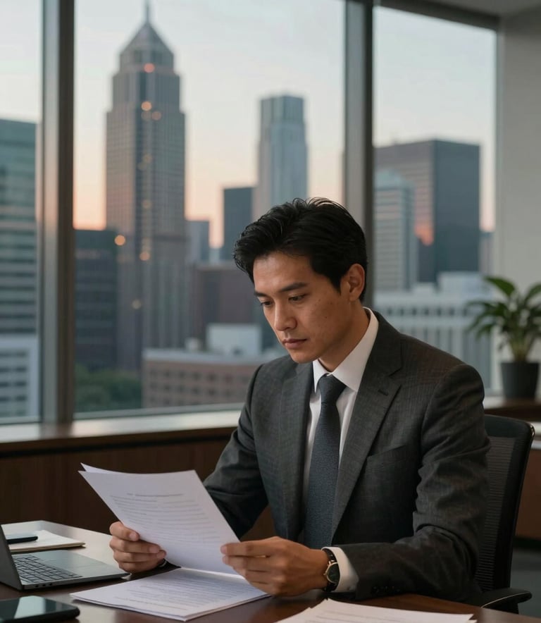 A professional in a high-end corporate office in a North American / Mexican business district. The professional is dressed in business attire, looking at documents with a strategic focus. The background shows a world-class skyline at dusk with forest green and tobacco brown interior tones.