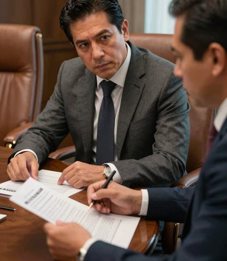 A close-up of two North American / Mexican professionals in a boardroom discussing financial documents, tobacco-colored leather chairs, strategic and serious mood, sharp focus, professional lighting.