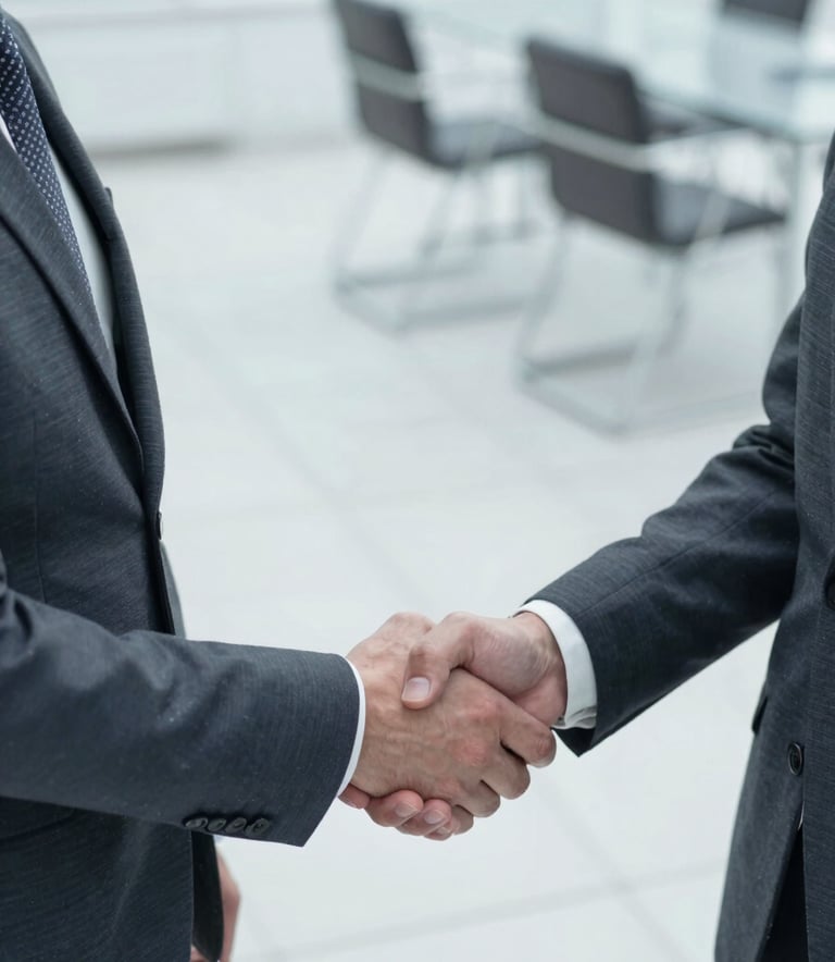 A close-up, high-angle shot of a professional handshake between two business leaders in suits. The background is a clean, modern corporate office with glass and steel elements. Lighting is bright and natural. The palette incorporates #1A202C and #F5F8FA for a professional, trustworthy feel.