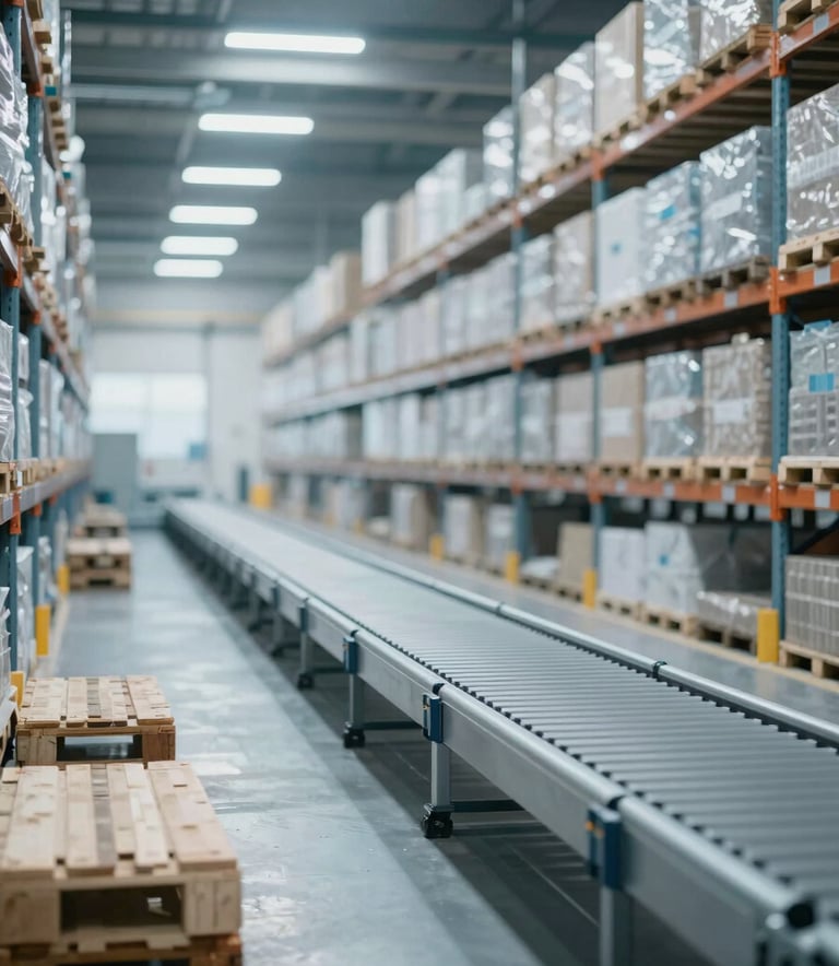 Interior of a state-of-the-art, high-efficiency warehouse with automated conveyor belts and neatly organized pallets. The lighting is crisp and cool, using tones of #AABCCF and #F5F8FA. The perspective creates a sense of depth and immense scale.