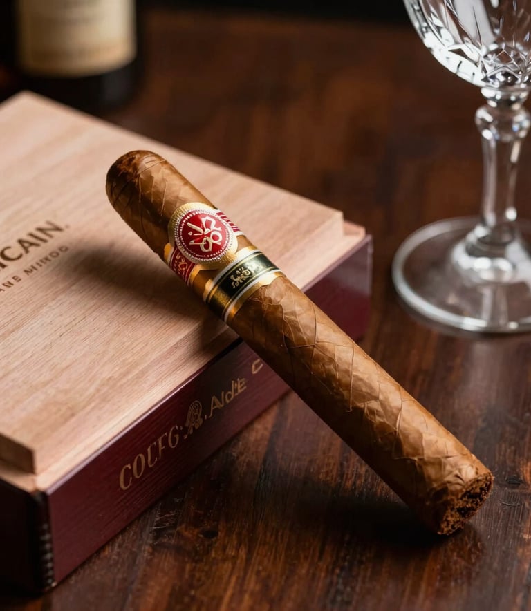 Close-up shot of a luxury cigar box and a crystal wine glass on a dark mahogany table, soft golden lighting, South American professional setting.