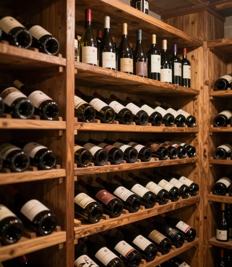 A sophisticated South American wine cellar interior with bottles stacked on wooden racks, warm ambient lighting, elegant and trustworthy mood, showcasing expertise in premium beverages.