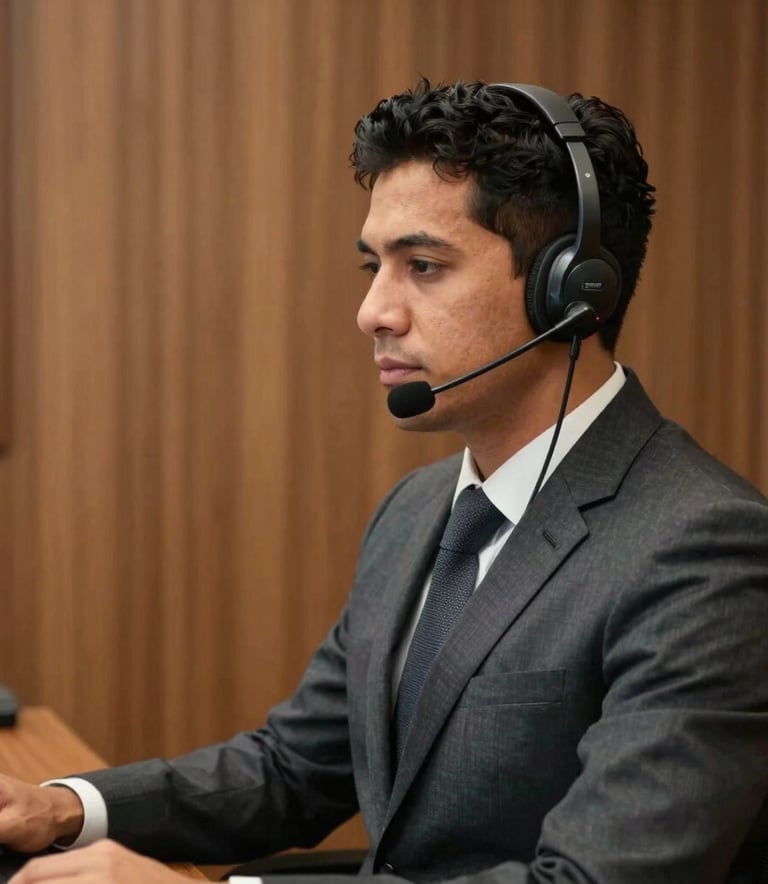 A professional attendant in a sophisticated uniform using a high-end headset in a wood-paneled office environment, South American / Brazilian context.