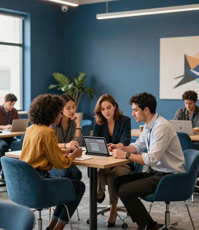 A diverse team of professionals in a bright, airy North American / US co-working space collaborating over a tablet. The space is decorated with Alice Blue walls and modern Steel Blue furniture.