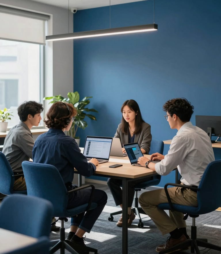 A professional team of app developers collaborating around a table in a sleek, sunlit North American / US corporate office. The space features alice blue walls and deep blue furniture accents.