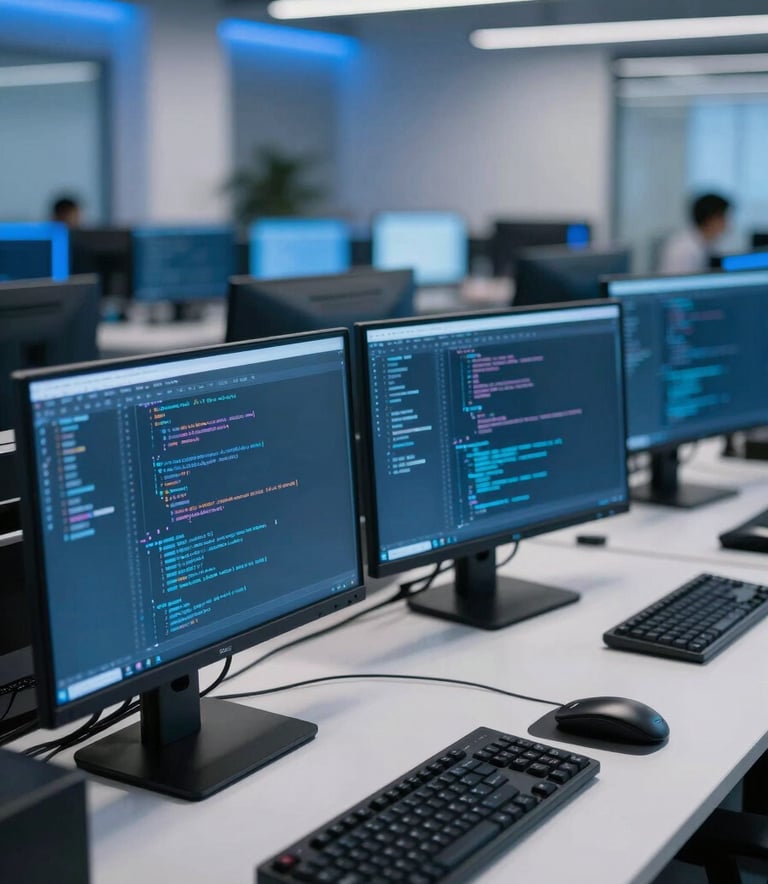 A high-performance workstation in a modern North American / US tech hub office. The scene features multiple monitors with blurred code, lit by professional Deep Blue and Steel Blue ambient lighting. Clean and sophisticated environment.