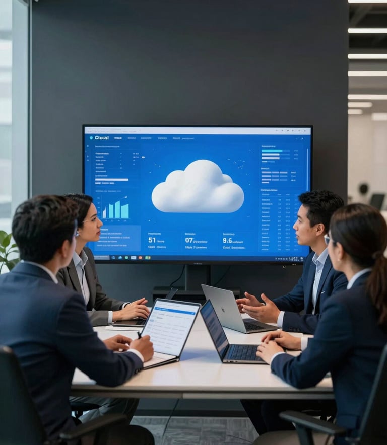 A group of professionals in a modern Latin American / Hispanic corporate office discussing IT strategies around a large monitor showing cloud metrics, sky blue and dark charcoal office accents, professional studio lighting, high-end photography.