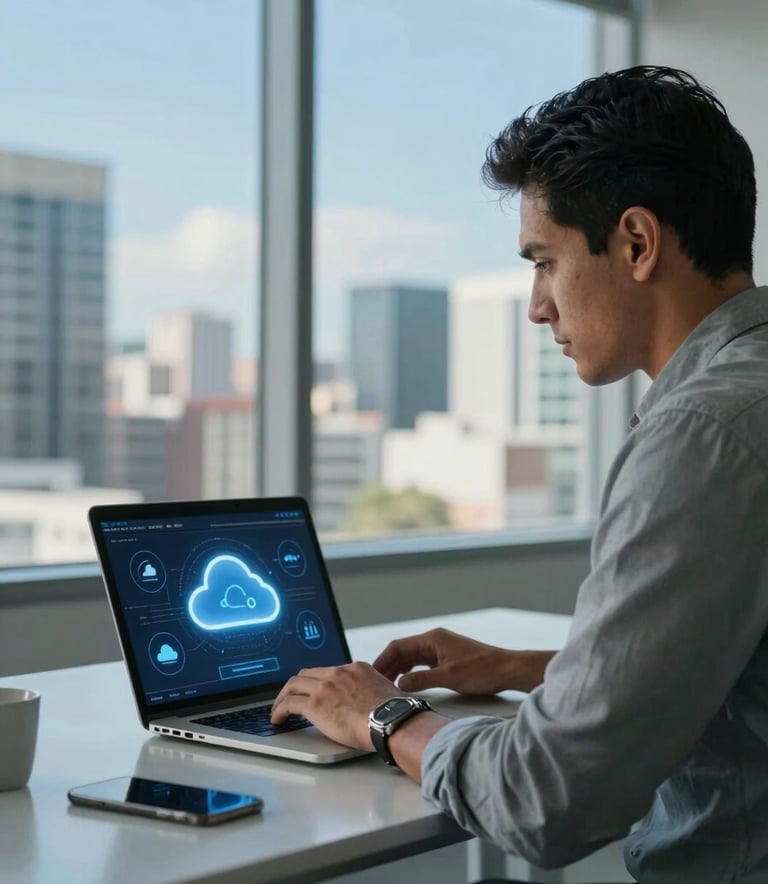 A professional at a sleek desk in a Latin American / Hispanic business district, using a laptop showing cloud computing symbols, sky blue sky visible through a modern office window.