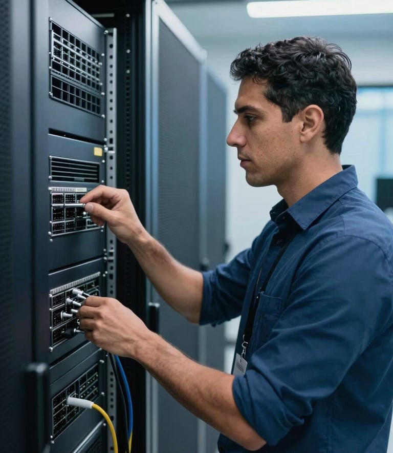 A focused professional in a Latin American / Hispanic server room environment, checking high-tech networking equipment, ocean blue lighting, modern and clean industrial aesthetic, sharp focus photography.