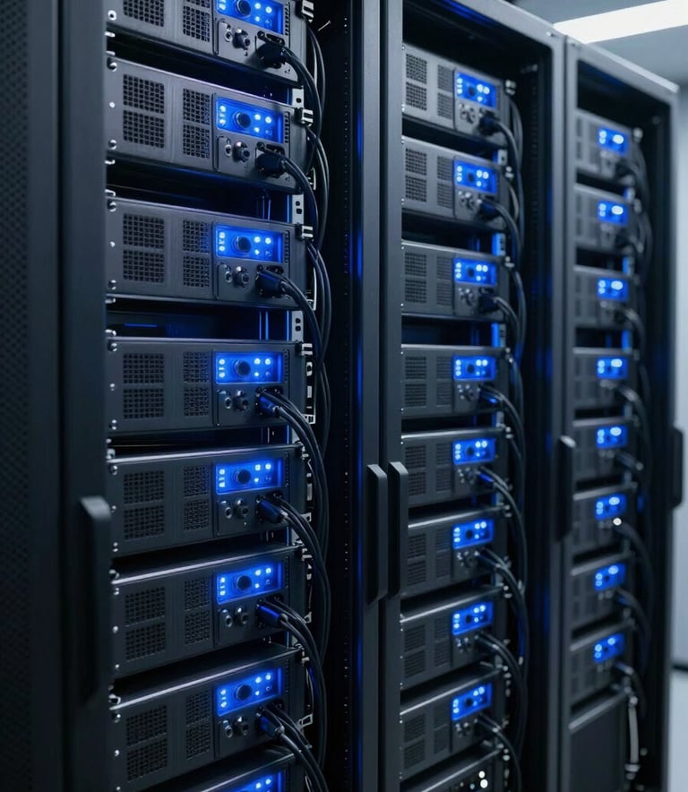A high-tech server room with glowing sky blue lights on server towers, organized deep charcoal black cables, clean and professional atmosphere.