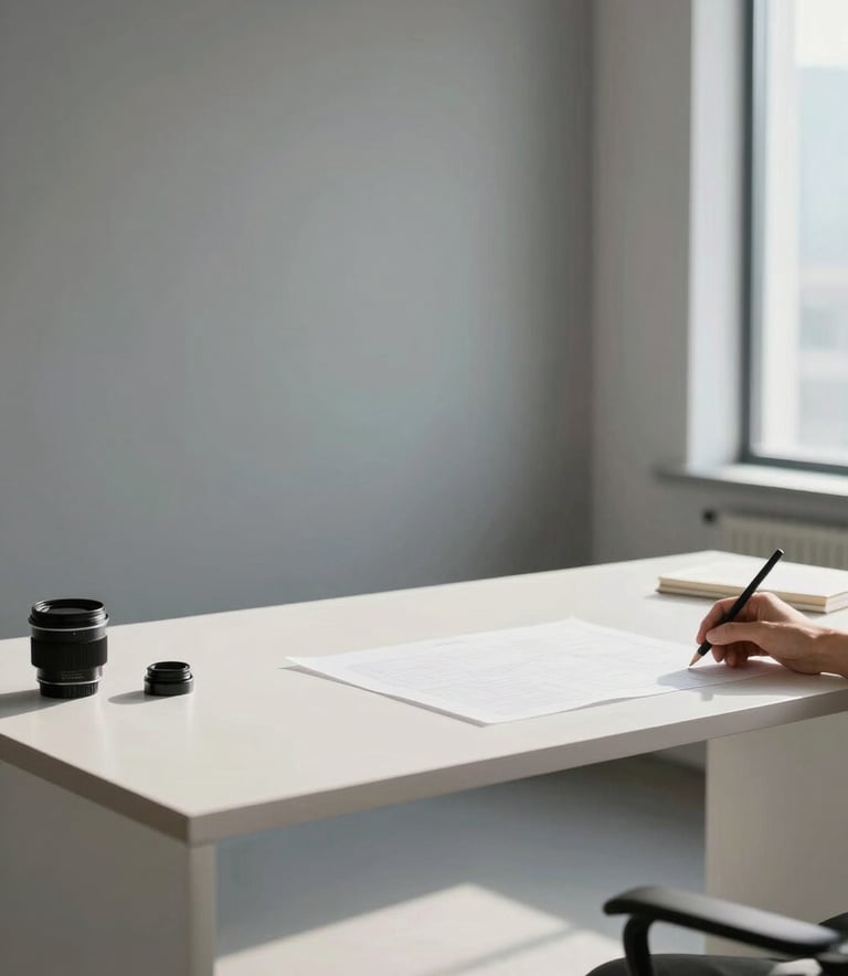 Professional photography of a minimalist design studio. A high-end workspace with a crisp off-white desk and a designer's hand subtly in frame. The environment is bright and clear, reflecting a sophisticated and trustworthy mood with muted slate grey and soft sky blue tones in the background.