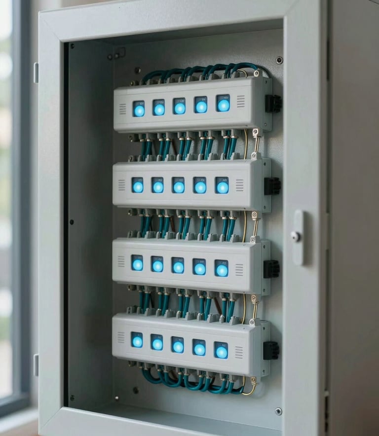 A detailed shot of a modern, clean electrical control panel inside a Middle Eastern / Turkish smart home. The composition is professional and sharp, featuring muted teal wiring and soft sky blue indicators against a light gray metal casing. Natural daytime lighting.