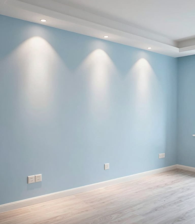 A wide shot of a modern, well-lit Middle Eastern / Turkish living room showing clean electrical installations and recessed lighting, pale ice blue and soft sky blue color palette.