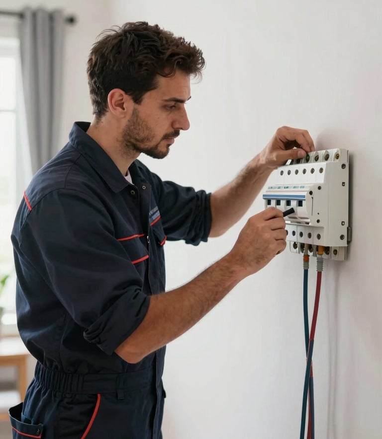 A professional electrician wearing a dark navy uniform while working on a residential circuit breaker in a modern Middle Eastern / Turkish apartment. The scene is bright and clean, conveying a sense of trust and efficiency.